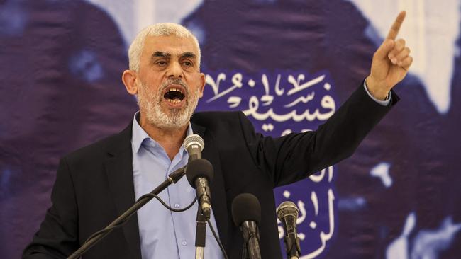 Yahya Sinwar speaks during a meeting in Gaza City on April 30, 2022. (Photo by Mahmud HAMS / AFP)