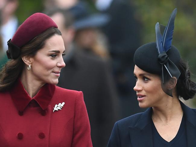 The Duchess of Cambridge and the Duchess of Sussex arriving to attend the Christmas Day morning church service at St Mary Magdalene Church in Sandringham, Norfolk. (Photo by Joe Giddens/PA Images via Getty Images)