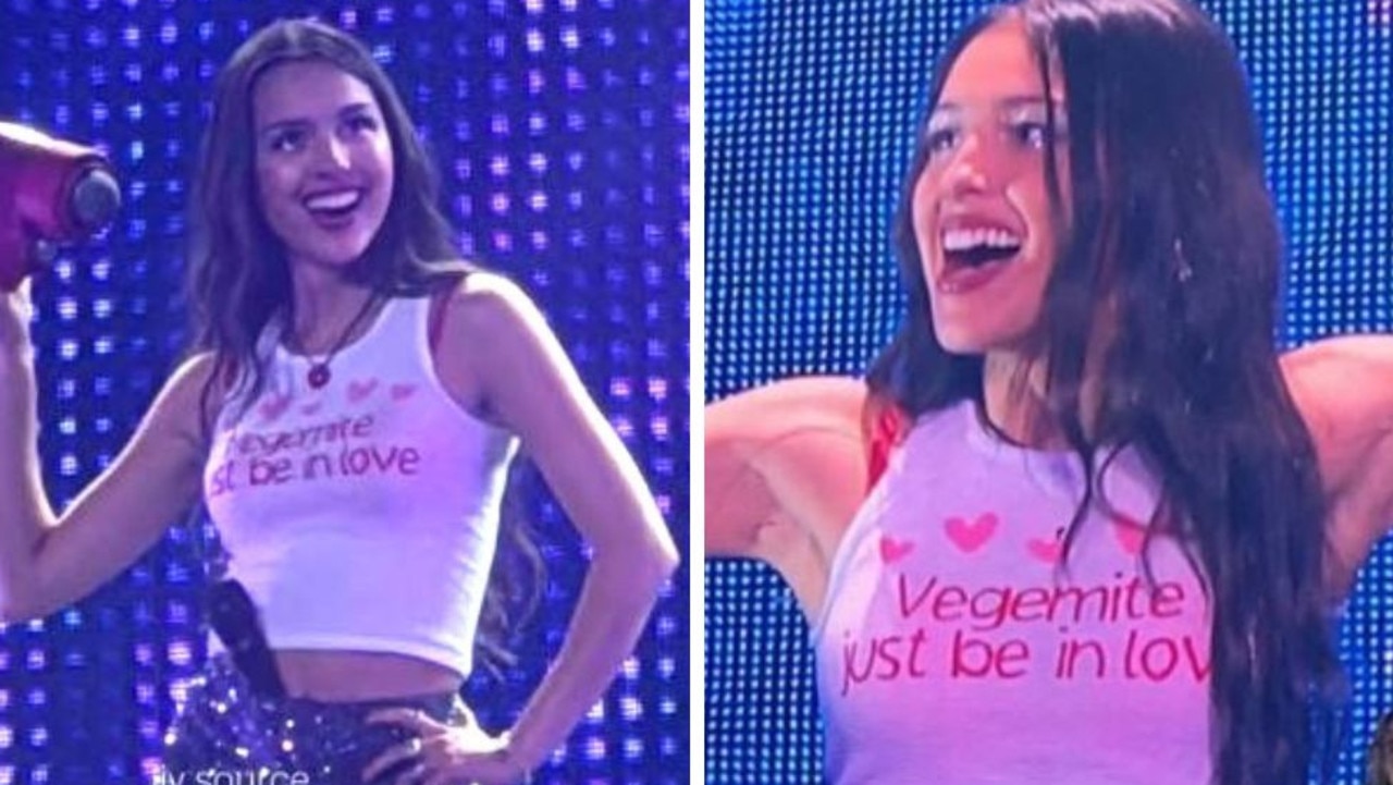 Olivia Rodrigo rocks playful ‘Vegemite’ crop top at Aussie show