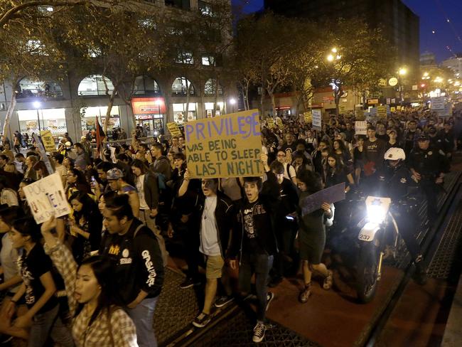 Protesters march in opposition of Donald Trump’s presidential election victory in San Francisco on November 9, 2016. Picture: AP
