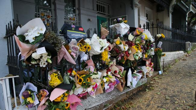 Jessie Baird’s house in Paddington in Sydney where people have been continuing to lay flowers in tribute to TV presenter Jesse Baird and Qantas flight crew member Luke Davies. Picture: NCA NewsWire / Gaye Gerard