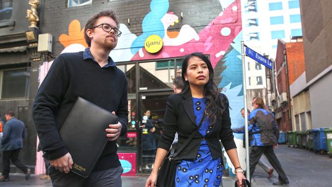 Fair Work officers after raiding Gami Chicken in Little Lonsdale St in Melbourne’s CBD on April 11. Picture: David Crosling