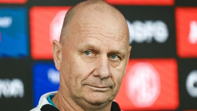 ADELAIDE, AUSTRALIA - APRIL 04:  Ken Hinkley, Senior Coach of the Power speaks to media during the Port Adelaide Power captain's run at Alberton Oval on April 04, 2024 in Adelaide, Australia. (Photo by Mark Brake/Getty Images)