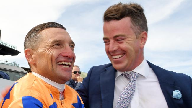 Jockey Opie Bosson and trainer Jamie Richards won the Group 1 double at Randwick with Te Akau Shark and Probabeel. Picture: AAP