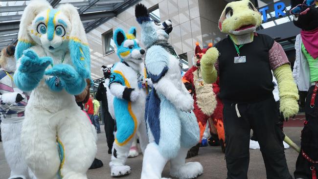 Furries from around the world dance to flashmob tunes at a furries gathering in Berlin, Germany. Picture: Sean Gallup/Getty Images