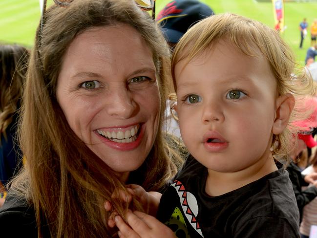 4.2.2017 AFL Women - Colour from the Adelaide Crows v GWS Giants match at Thebarton Oval. Federal Labor MP Kate Ellis with her son Samuel. Photo Sam Wundke