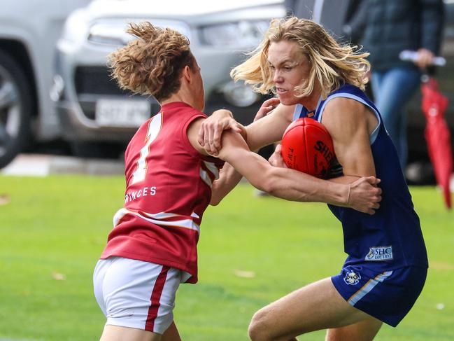 ADV NEWSCollege footy round one: Sacred Heart v Prince Alfred SHÃ¢â¬â¢s Kobe Ryan gets pushed over the boundary by PACÃ¢â¬â¢s Zac BishopImage/Russell Millard