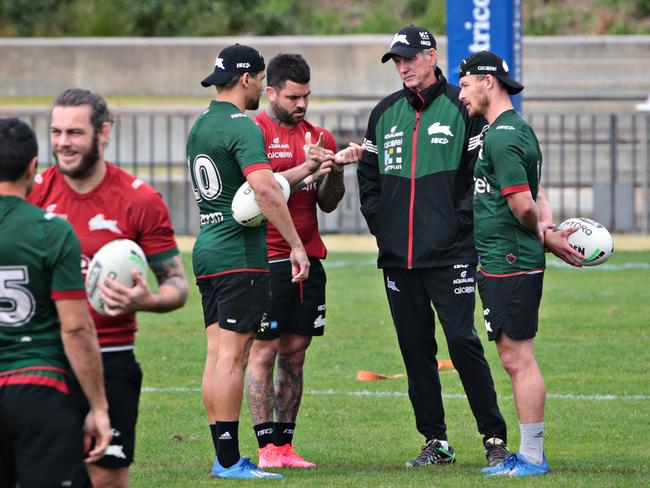 Wayne Bennett (second from right) coached Damien Cook (right) for three years between 2019-21 at South Sydney. Photographer: Adam Yip