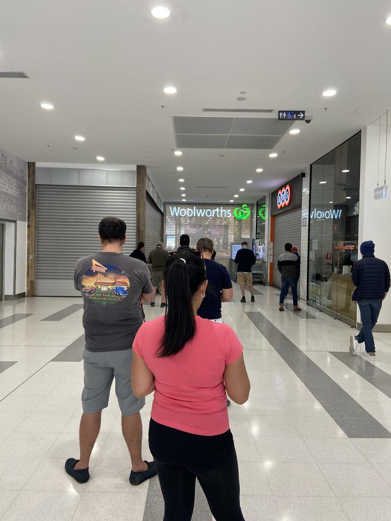 Rather than buying Easter eggs, shoppers queue for toilet paper outside Woolies in Crows Nest, Sydney. Picture: Zachariah Kelly