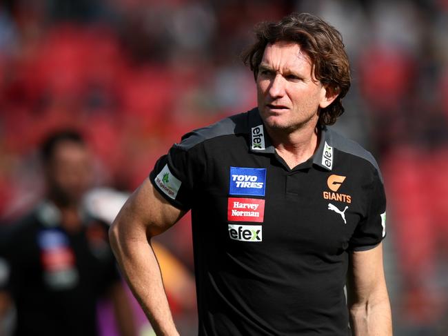 SYDNEY, AUSTRALIA - AUGUST 06: James Hird assistant coach of the Giants look on ahead of the round 21 AFL match between the Greater Western Sydney Giants and the Essendon Bombers at GIANTS Stadium on August 06, 2022 in Sydney, Australia. (Photo by Jason McCawley/AFL Photos/via Getty Images )