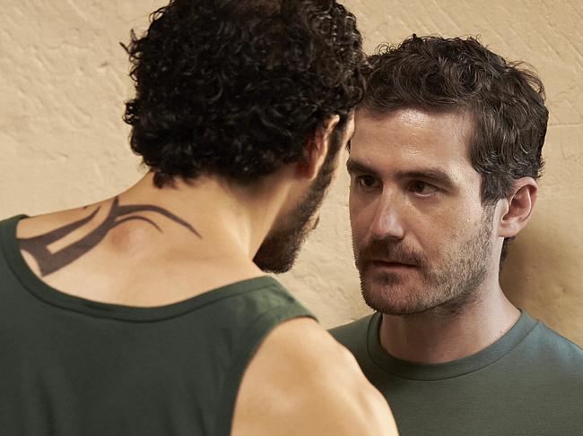 Sam Cotton (R) and Julian Maroun  in a prison scene from Foxtel's Mr Inbetween Season 3.   Pic Credit: J Pratley/Foxtel