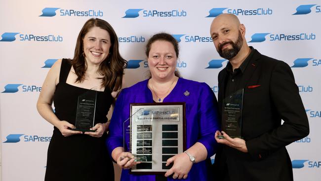 The Advertiser’s state political editor Kathryn Bermingham, editor Gemma Jones and chief court reporter Sean Fewster at the 2024 SA Press Club Awards. Picture: Kelly Barnes