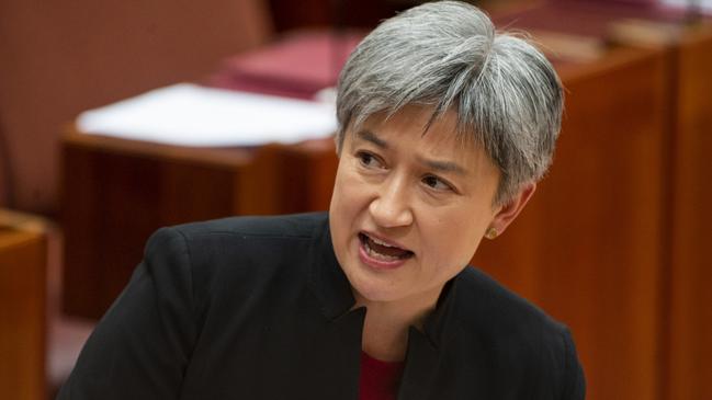 Senator Penny Wong speaking in the Senate at Parliament House in Canberra. (Picture: NCA NewsWire / Martin Ollman.)