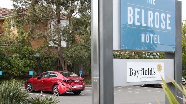 Natalie Kaglazis’ car was badly damaged when she tried to drive her car out of the locked The Belrose Hotel carpark. She was six times over the limit. Pictue: Tim Hunter