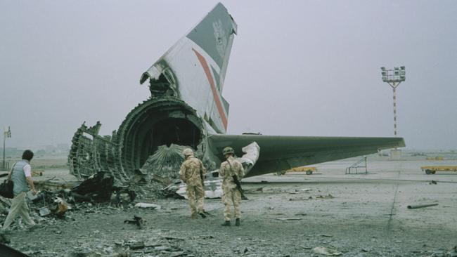 The wreckage of a British Airways Boeing 747-136 at Kuwait City airport after it was destroyed by Iraqi military forces in 1991. Picture: Getty Images