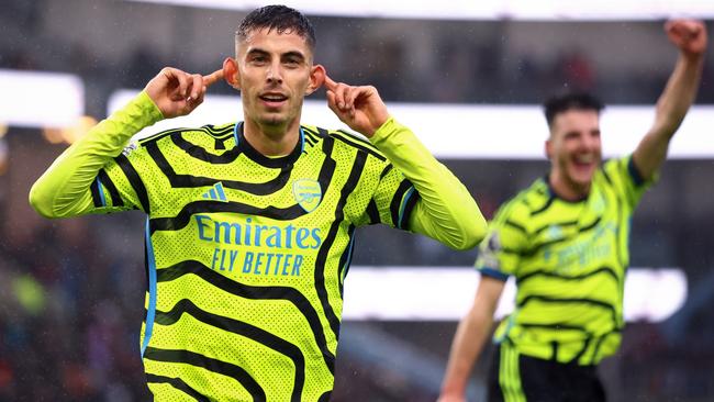 BURNLEY, ENGLAND - FEBRUARY 17: Kai Havertz of Arsenal celebrates during the Premier League match between Burnley FC and Arsenal FC at Turf Moor on February 17, 2024 in Burnley, England. (Photo by Marc Atkins/Getty Images)