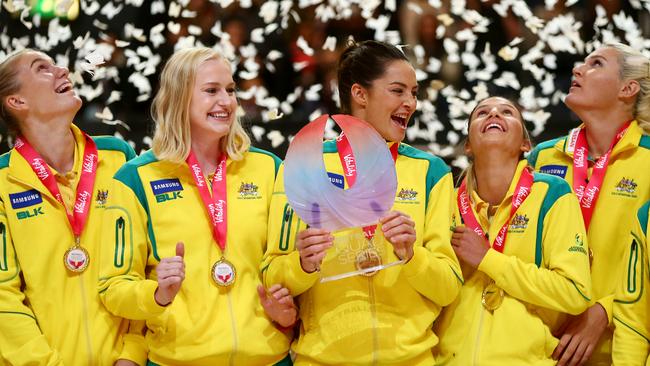 Captain Sharni Leyton (C) lifts the trophy after winning the last Quad Series.