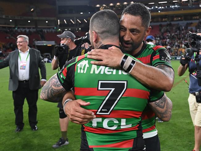 BRISBANE, AUSTRALIA - SEPTEMBER 24:  Adam Reynolds of the Rabbitohs and Benji Marshall of the Rabbitohs celebrate winning the NRL Preliminary Final match between the South Sydney Rabbitohs and the Manly Sea Eagles at Suncorp Stadium on September 24, 2021 in Brisbane, Australia. (Photo by Bradley Kanaris/Getty Images)