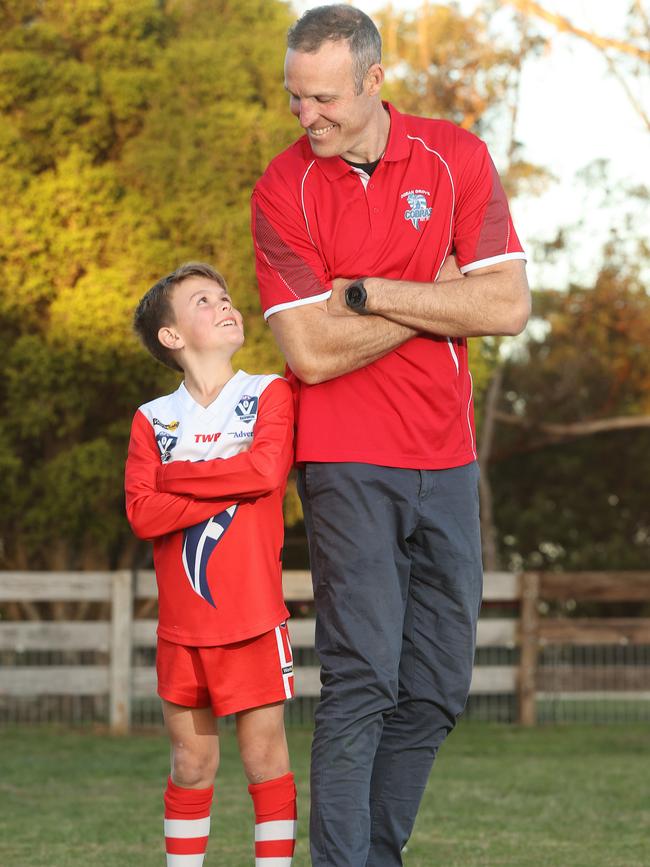 Former Cats premiership player, and current Cats ruck coach Brad Ottens is coaching his son Johnny’s under-nine Ocean Grove team. Picture: Alison Wynd