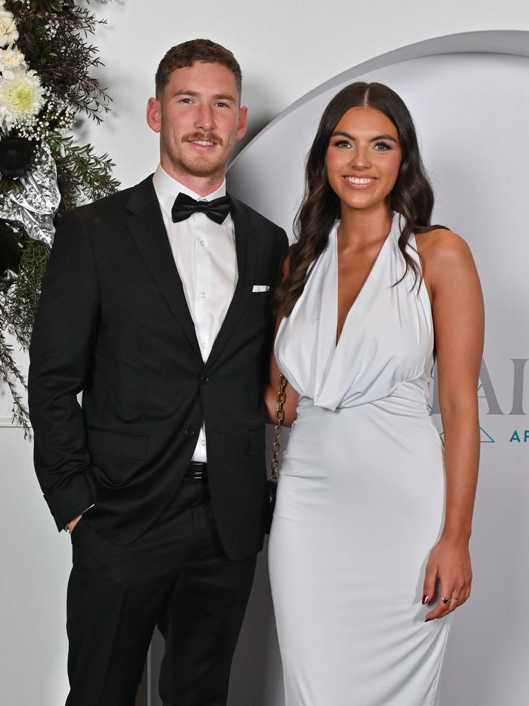 Kane Farrell and Tailah Browne-Kerr on the Port Adelaide AFL/SANFL Best & Fairest red carpet at the Adelaide Convention Centre. Picture: Brenton Edwards