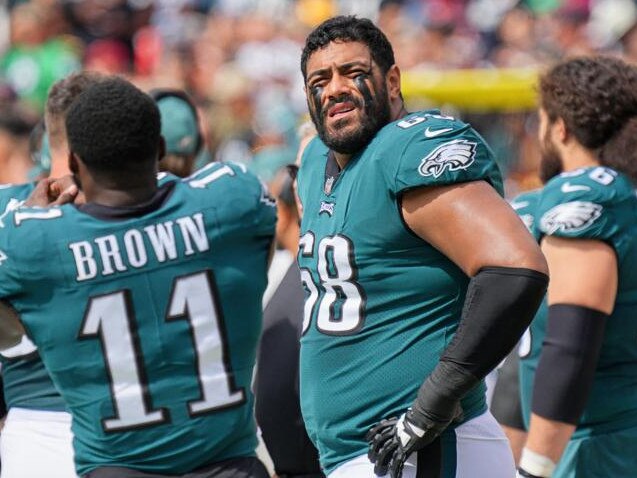 LANDOVER, MD - SEPTEMBER 25 :Philadelphia Eagles offensive tackle Jordan Mailata (68) looks on during the game between the Philadelphia Eagles and the Washington Commanders on September 25, 2022 at Fedex Field in Landover, MD. (Photo by Andy Lewis/Icon Sportswire via Getty Images)