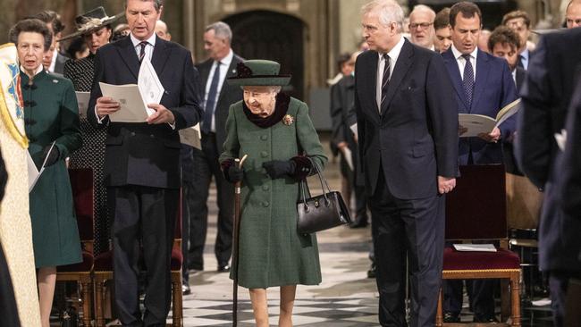 Andrew appeared once more to be the frail monarch’s favoured son, as she is pictured arriving in Westminster Abbey accompanied by the Prince. Picture: Getty