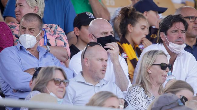 McLachlan in Devonport with Hawthorn president Jeff Kennett and Tasmanian premier Peter Gutwein. Picture: Grant Viney