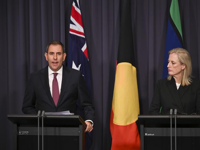 CANBERRA, AUSTRALIA  - NewsWire Photos - December 18, 2024:  Treasurer Jim Chalmers and Minister for Finance Katy Gallagher release the mid-year Budget update during a press conference at Parliament House in Canberra. Picture: NewsWire / Martin Ollman