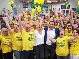 PARTY TIME: Pat Conaghan celebrates his victory with family and supporters on Saturday night. Picture: Fran Redward