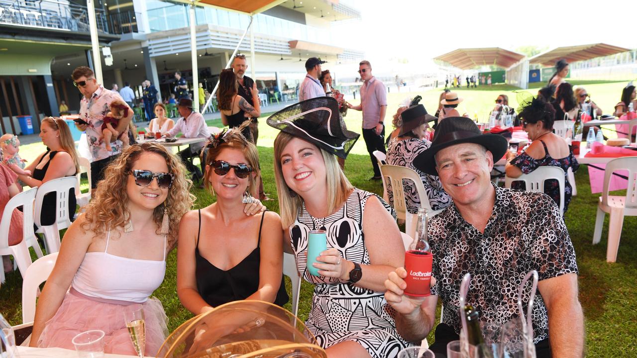 Suse Forrest, Annabel Thallon, Rachel Fernandez and Terry Maher at the Darwin Turf Club Bridge Toyota Ladies' Day / Derby Day. Picture: KATRINA BRIDGEFORD