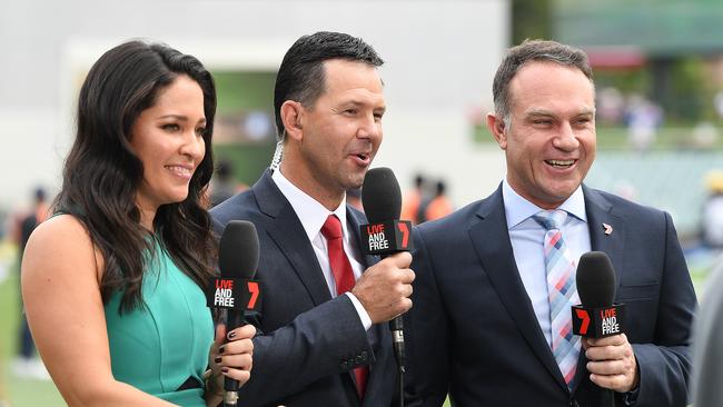 (LtoR) Network 7 cricket commentators  Mel McLaughlin, Ricky Ponting and Michael Slater are seen on day two of the first Test match between Australia and India at the Adelaide Oval in Adelaide, Friday, December 7, 2018. (AAP Image/Dave Hunt) NO ARCHIVING, EDITORIAL USE ONLY, IMAGES TO BE USED FOR NEWS REPORTING PURPOSES ONLY, NO COMMERCIAL USE WHATSOEVER, NO USE IN BOOKS WITHOUT PRIOR WRITTEN CONSENT FROM AAP