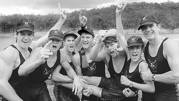 SLAM DUNKING: St Joseph’s College, Gregory Terrace’s winning 1996 Head of the River crew (from left) Brian Milanovic, Reece Clifford, Mark Wilson, Stefan Sipka, Tim McMineman, Mikkel George, cox Michael Toon (ready for dunking) and Anthony McKee.