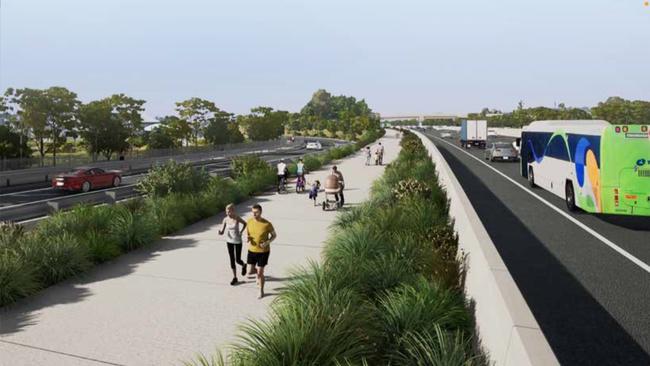 Images of pedestrian walkways near the Coomera Connector being planned for the Gold Coast.