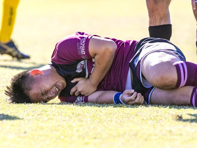 Chai Cheng is tackled in the Queensland Schools Premier League Football match between Marsden and Corinda at Darra, Thursday, July 30, 2020 - Picture: Richard Walker