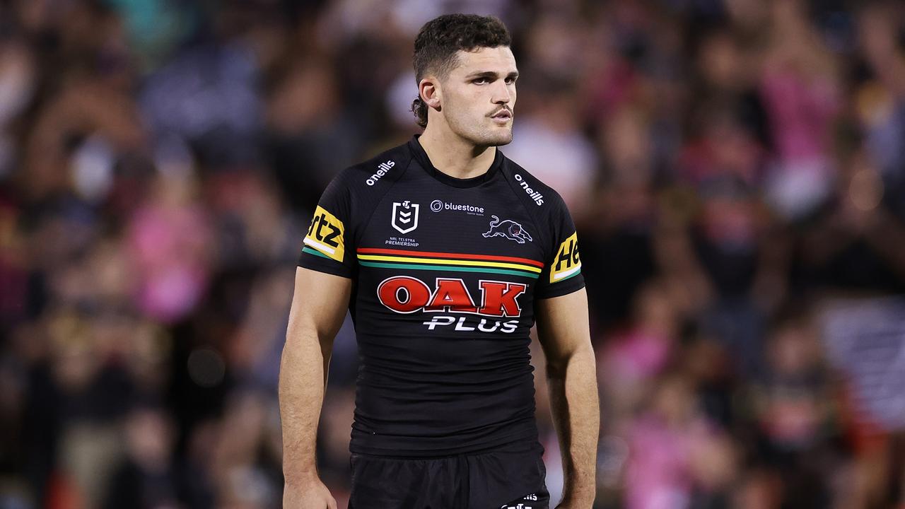 PENRITH, AUSTRALIA - MARCH 09: Nathan Cleary of the Panthers looks on during the round two NRL match between the Penrith Panthers and the South Sydney Rabbitohs at BlueBet Stadium on March 09, 2023 in Penrith, Australia. (Photo by Cameron Spencer/Getty Images)