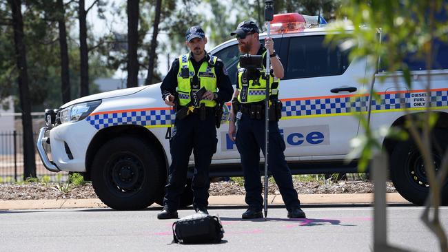 A backpack sits in the middle of the Darwin-bound lanes of Roystonea Ave where a pedestrian was hit and killed near the Palmerston bus exchange today. Picture: Keri Megelus