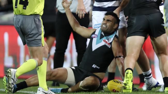 Tempers flare after Lindsay Thomas cleaned up Scott Selwood. Picture: SARAH REED