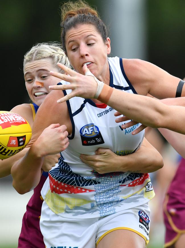 Crow Jess Foley is tackled by Brisbane’s Lily Postlethwaite (left) in the round one clash at Hickey Park last week. Picture: DARREN ENGLAND (AAP).