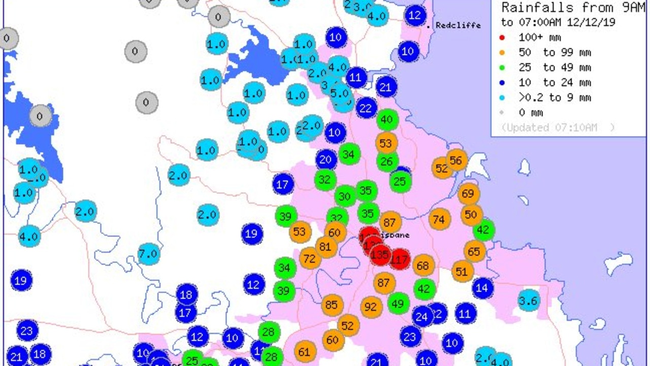 Parts of central Brisbane were smashed with more than 10mm of rain in one hour last night. Picture: BOM.