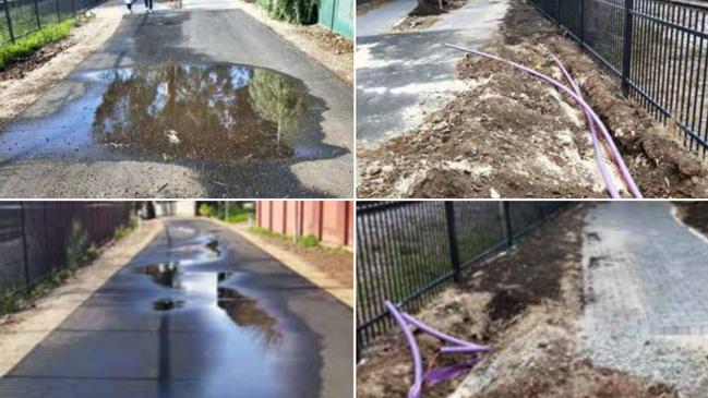 Flooded paths and misplaced pipes have been indicated as being defects by the City of Unley. Pictures: Supplied