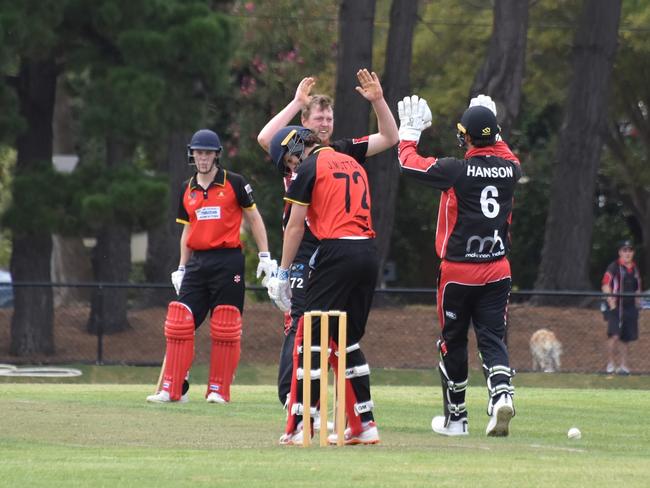 South Caulfield keeper Zac Hanson celebrates a wicket on Saturday. He was injured on Sunday. Picture: Ron Weil