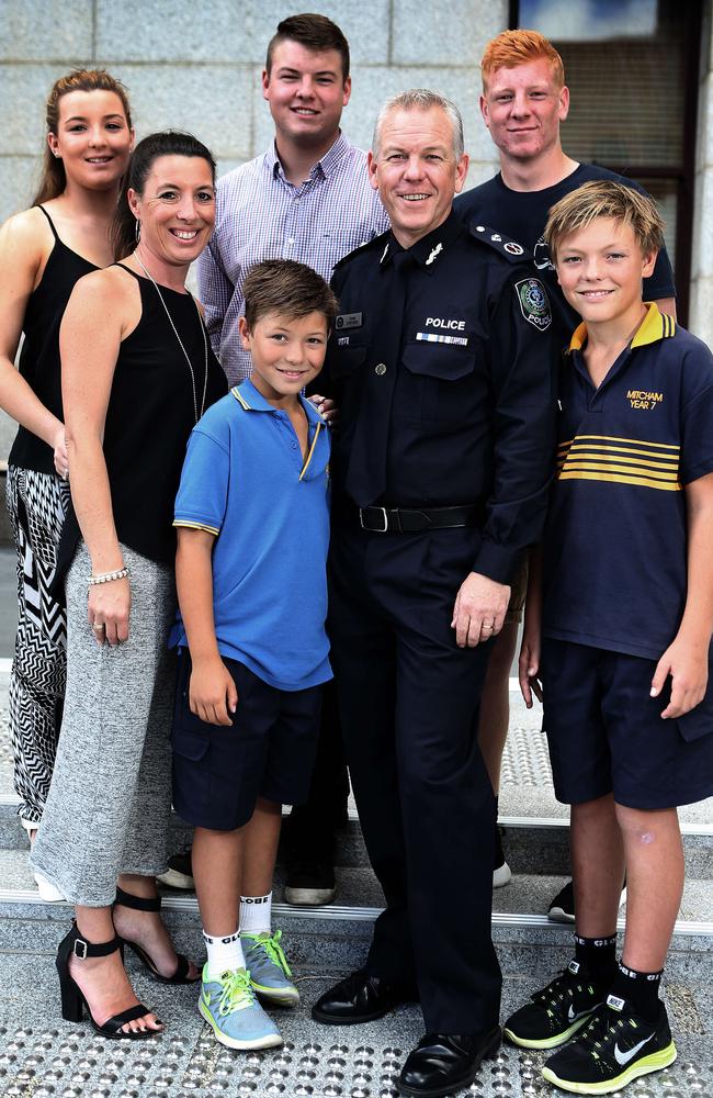 Grants Stevens in 2015, with his family (clockwise from front left) Charlie, then 9, his wife Emma, Sophie, 19, Dylan, 20, Josh, 18, and Tom, 12. Picture Dean Martin