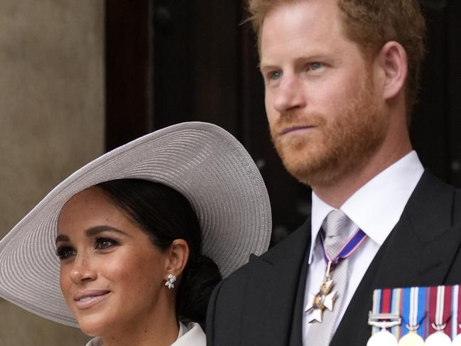 LONDON, ENGLAND - JUNE 03: Prince Harry and Meghan Markle, Duke and Duchess of Sussex leave after a service of thanksgiving for the reign of Queen Elizabeth II at St Paul's Cathedral in London, Friday, June 3, 2022 on the second of four days of celebrations to mark the Platinum Jubilee. The events over a long holiday weekend in the U.K. are meant to celebrate the monarch's 70 years of service. (Photo by Matt Dunham - WPA Pool/Getty Images)