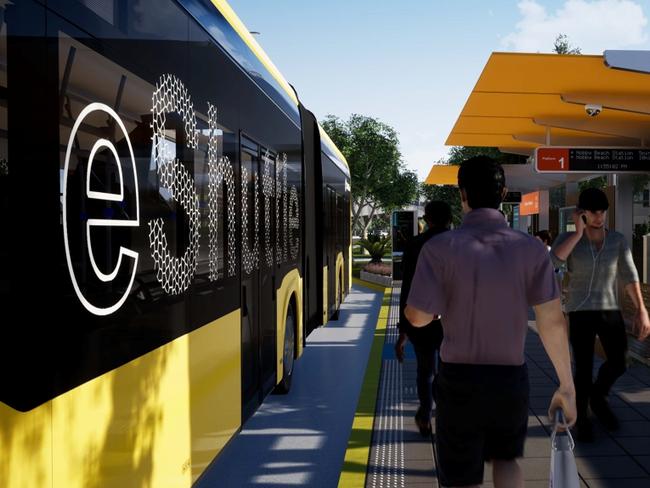 Artist impression and maps of the proposed Gold Coast electric bus system, known as the Bus Rapid Transit (BRT)