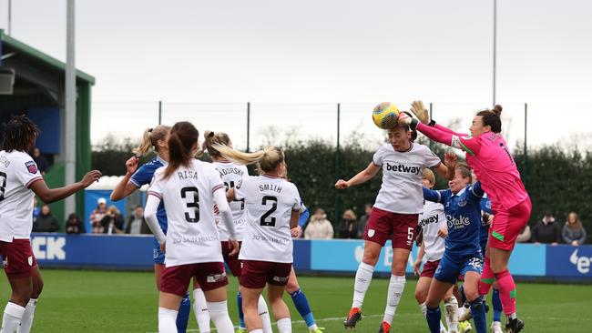 Mackenzie Arnold (far right) in action for West Ham. Picture: Gary Oakley/Getty Images