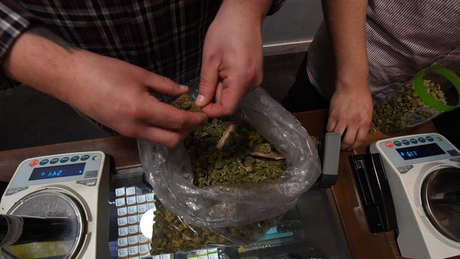 Medicinal marijuana products on sale at a dispensary in Los Angeles. Picture: AFP