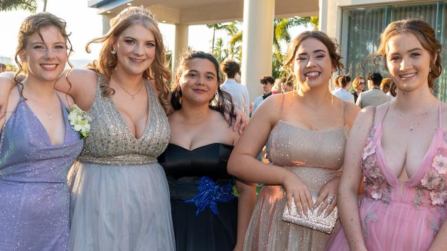 Kaliea Shearsmith, Ailey Verney, Sophia Jeffries, Hayley Hember-Tlomak and Jayde James at the Mackay Northern Beaches State High School Senior Formal Class of 2022 held at Mantra Mackay Marina. Picture: Michaela Harlow