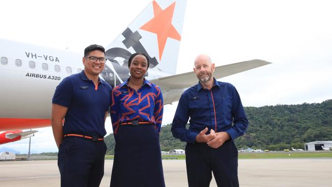 Jetstar cabin crew members Jonas Desiderio and Loyce Thorach, and cabin crew manager Alby McDonald will celebrate International Cabin Crew Member Day in the sky on May 31. Picture: Catherine Duffy