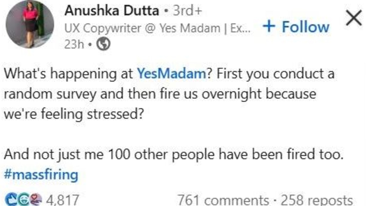 The employee called it a mass firing. Picture: LinkedIn