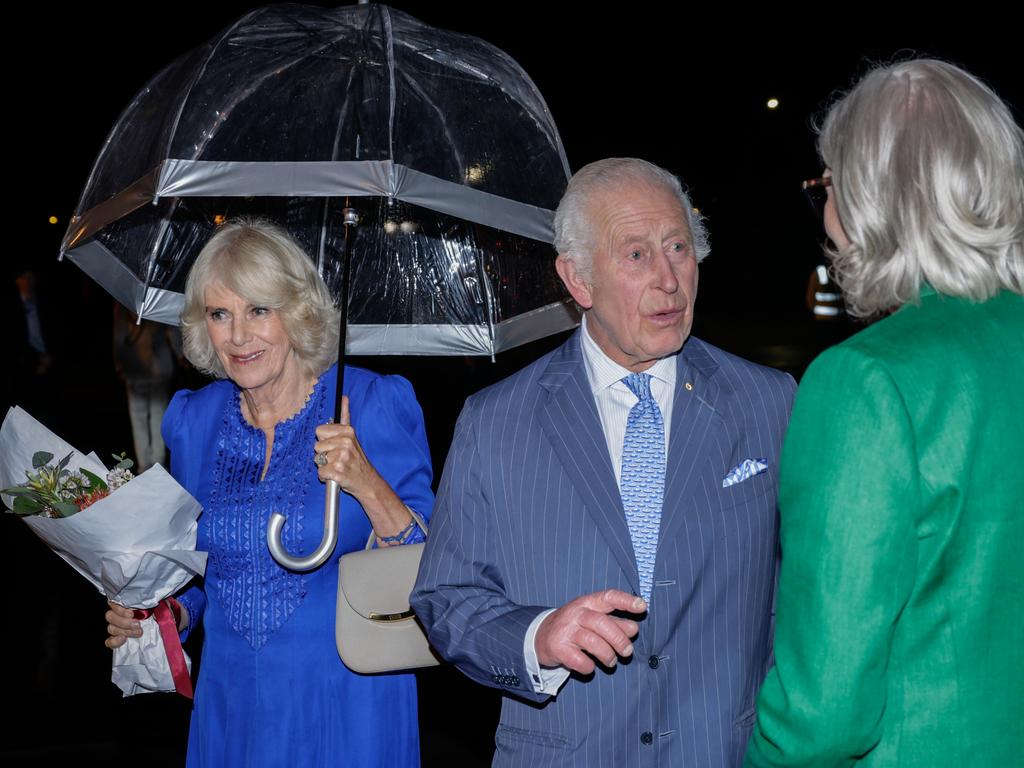 SYDNEY, AUSTRALIA - OCTOBER 18: King Charles III speaks to Sam Mostyn, Governor-General of the Commonwealth of Australia, as he and Queen Camilla arrive at Sydney Airport on October 18, 2024 in Sydney, Australia. The King's visit to Australia will be his first as Monarch, and CHOGM in Samoa will be his first as Head of the Commonwealth.  (Photo by Brook Mitchell/Getty Images)